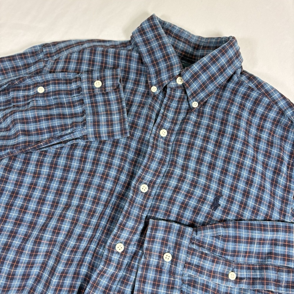 Ralph Lauren Shirt Mens Small Blue/Orange Plaid Classic Fit Linen Blend Preppy